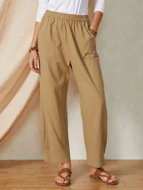 Pocket Elastic Waist Cotton Linen Casual Wide-leg Trousers KrazySales