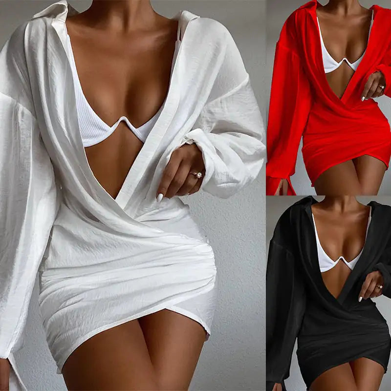 Deep V-neck Solid Color Long Sleeve Mini Dress KrazySales
